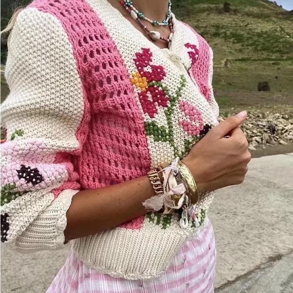 Floral cardigan pink sweater crochet style look knit cream beige - Picture 8 of 8